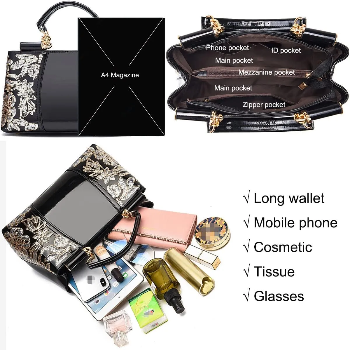Shiny Patent Women PU Leather Handbags Embroidery Shoulder Bags Fashion Satchel Purses Top Handle Bags