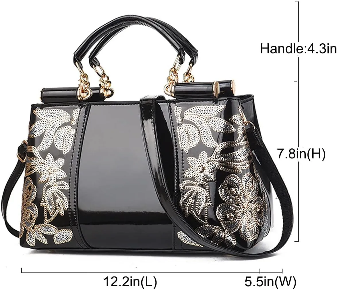 Shiny Patent Women PU Leather Handbags Embroidery Shoulder Bags Fashion Satchel Purses Top Handle Bags