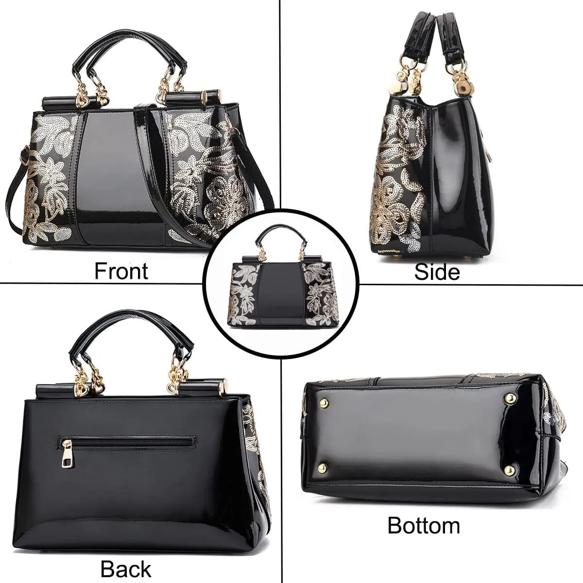Shiny Patent Women PU Leather Handbags Embroidery Shoulder Bags Fashion Satchel Purses Top Handle Bags