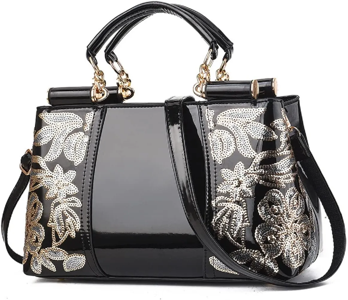 Shiny Patent Women PU Leather Handbags Embroidery Shoulder Bags Fashion Satchel Purses Top Handle Bags