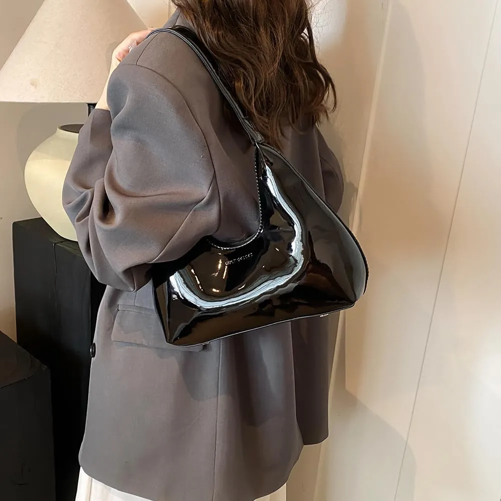 Shoulder Bag for Women - Burgundy Y2k Handbag, Trendy Patent Leather Shoulder Purse, Wine Red Tote