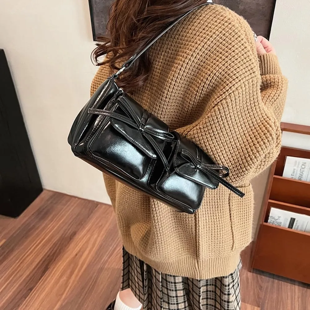 Shoulder Bag for Women Coquette Bow Purse Y2k Hobo Handbag Faux Leather Red Purse Burgundy Crossbody Bag with Zipper