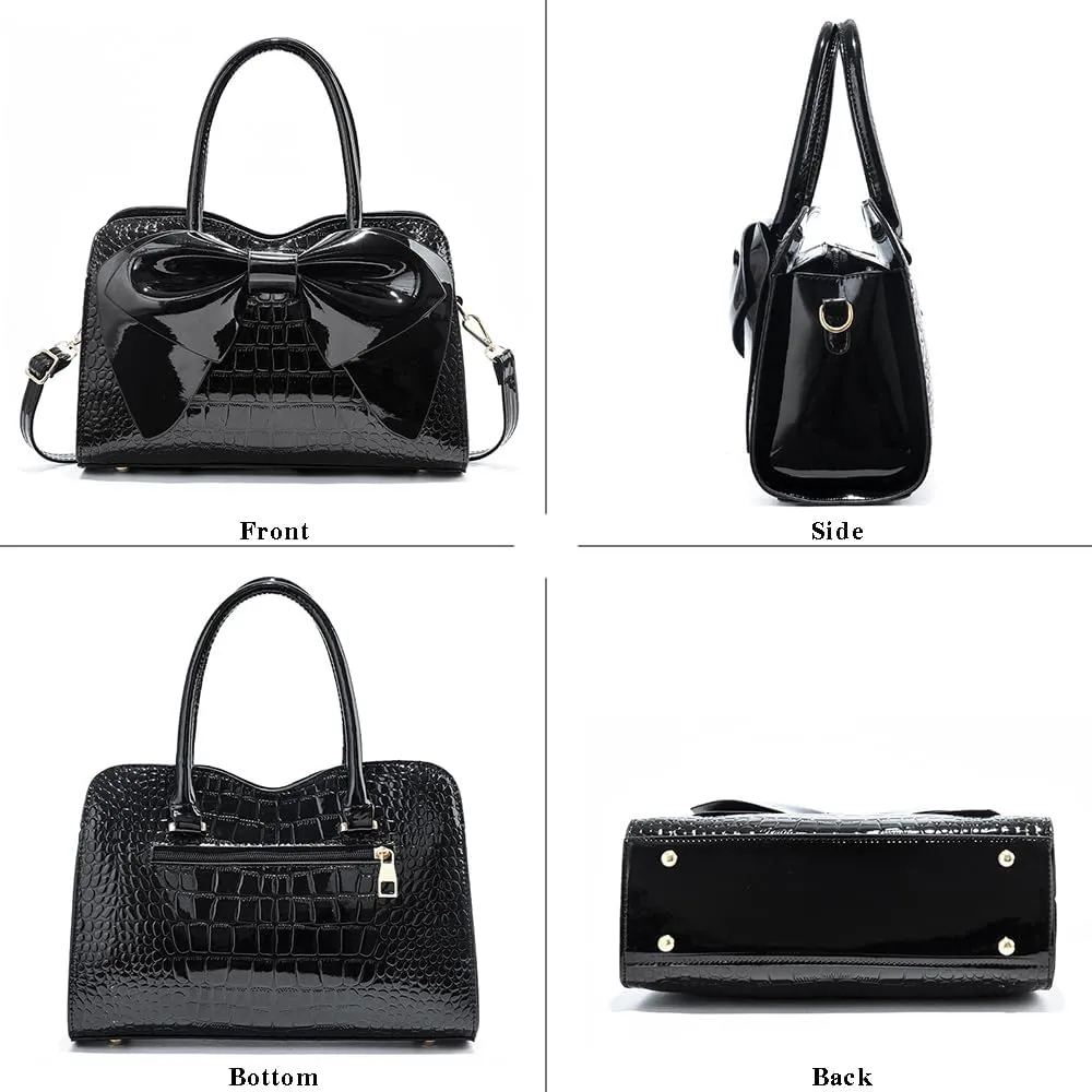 Shoulder Bags for Women Cute Big Bow Tote Handbag PU Patent Leather Purse Work Shopper Satchel with Zipper Closure