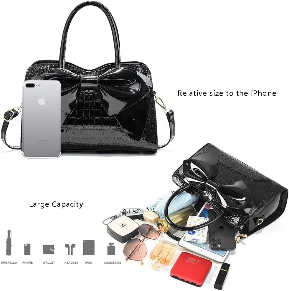 Shoulder Bags for Women Cute Big Bow Tote Handbag PU Patent Leather Purse Work Shopper Satchel with Zipper Closure