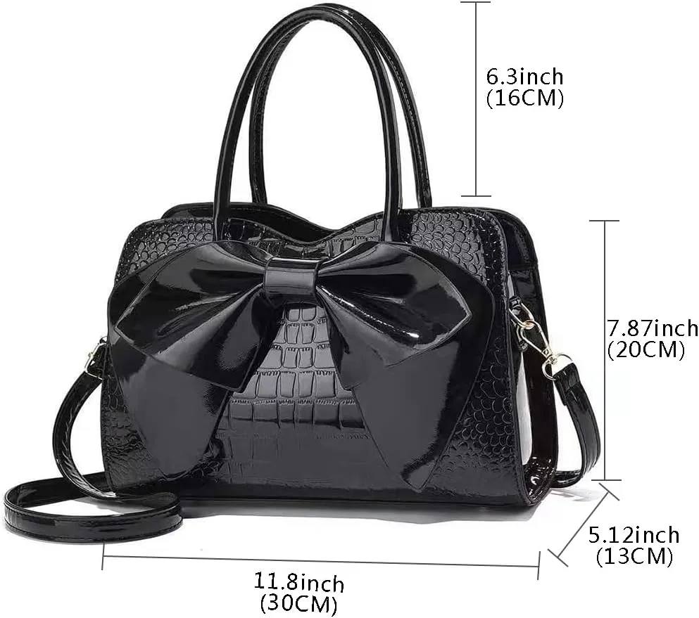 Shoulder Bags for Women Cute Big Bow Tote Handbag PU Patent Leather Purse Work Shopper Satchel with Zipper Closure