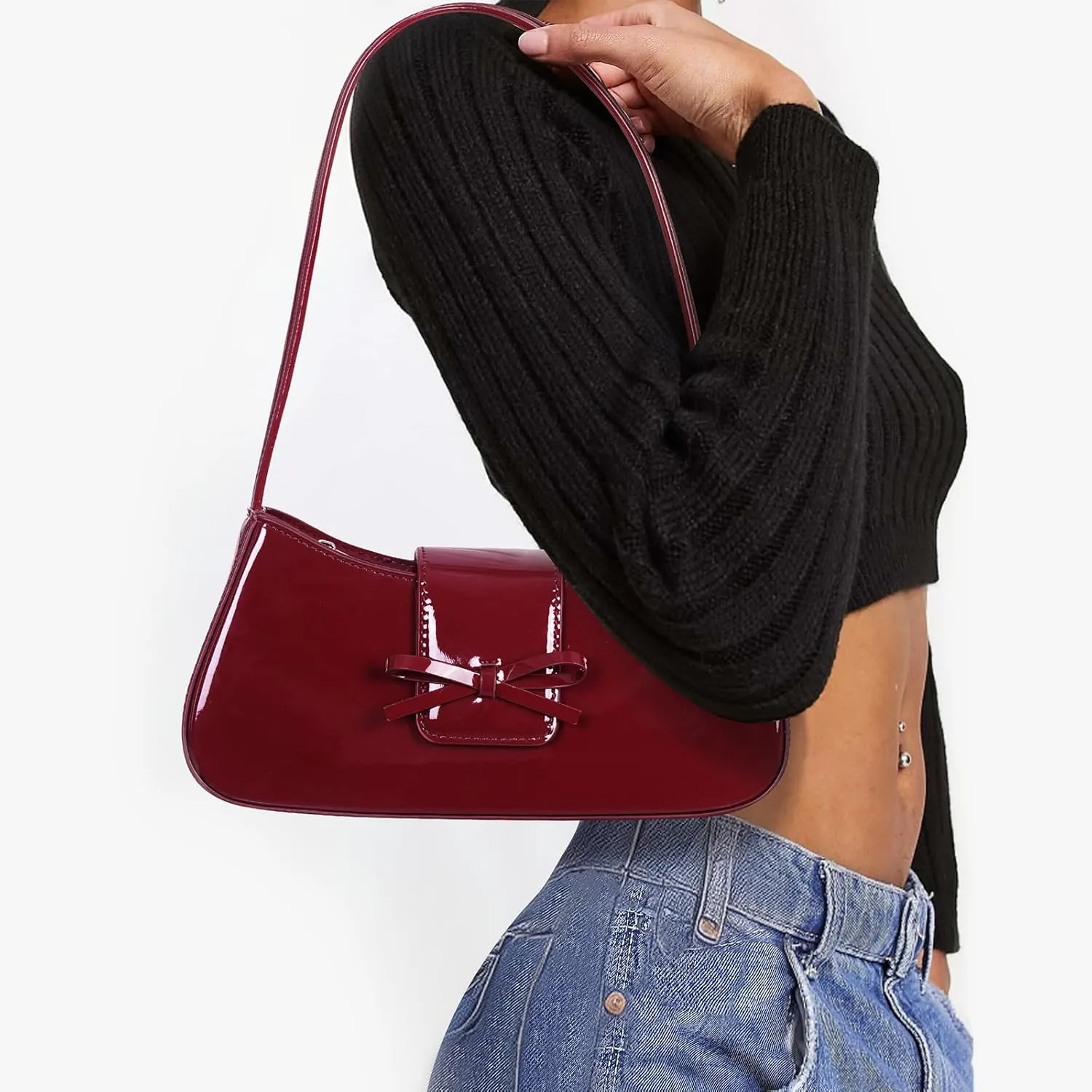 Shoulder Bags for Women Patent Leather Red Purse Coquette Bow Purse Y2k Small Shoulder Bag Mini Clutch Purse Handbag