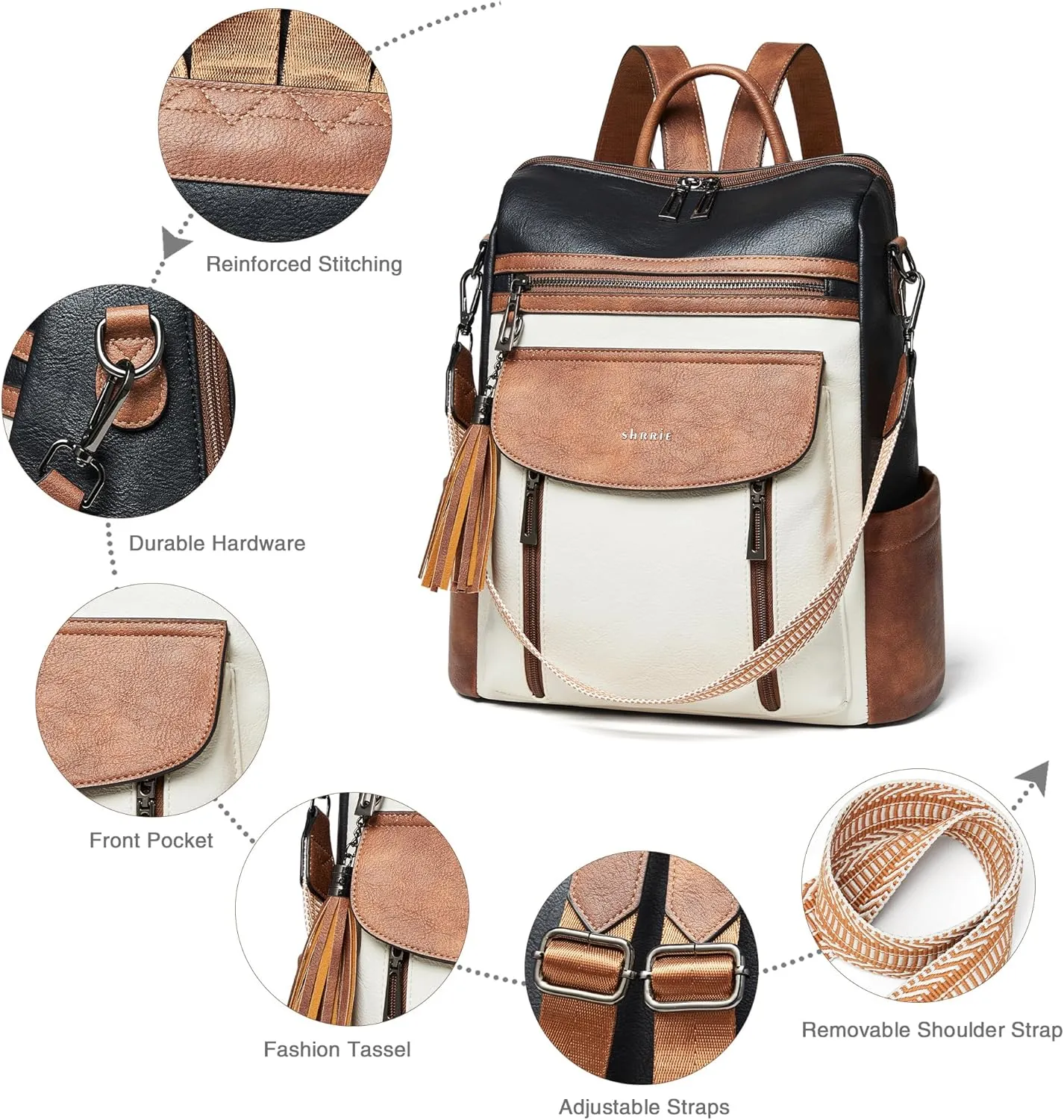 Shrrie Backpack Purse for Women Fashion Leather Backpack Purse Designer Travel Backpack Convertible Shoulder Bag with Wristlet