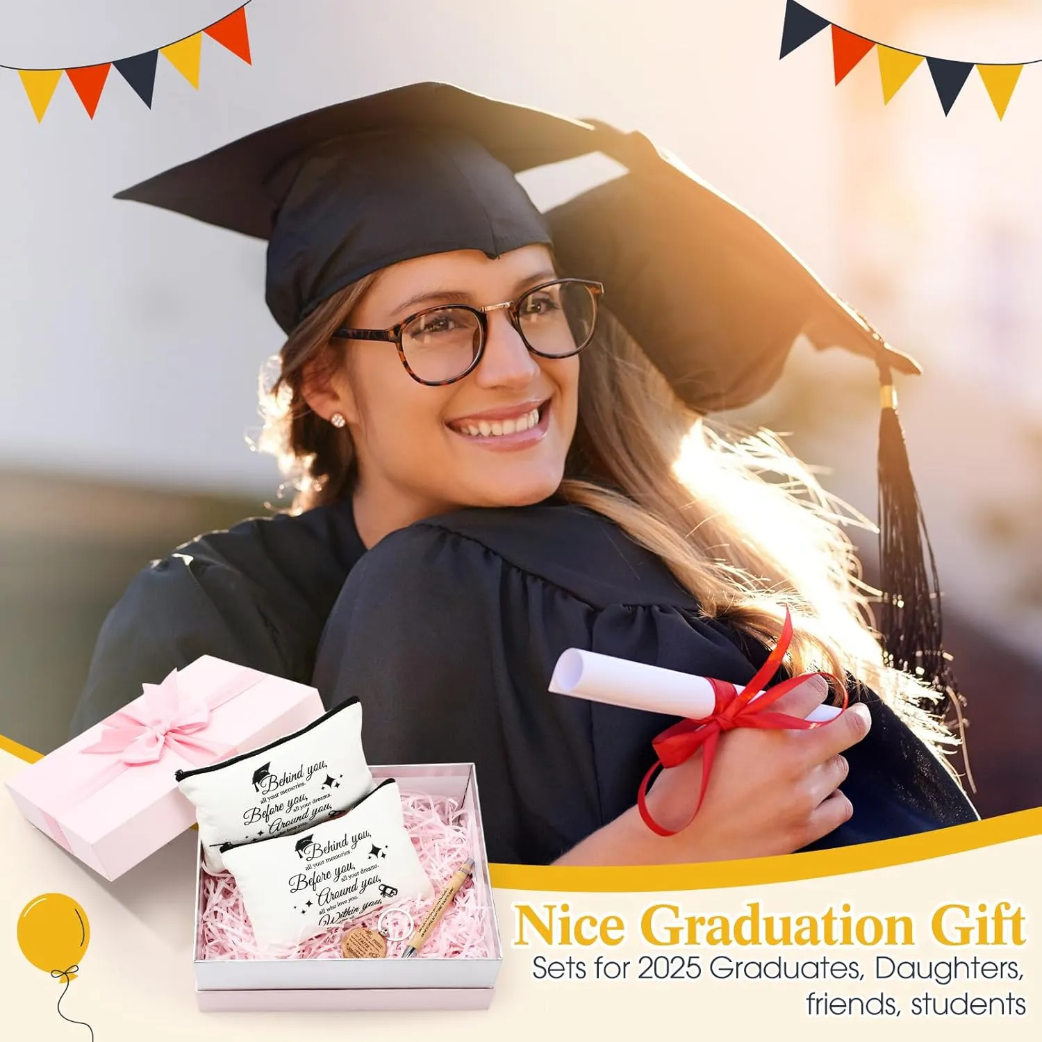 Silkfly Graduation Gifts for Class of 2025 Seniors College Students Inspirational Gifts for Coworker Cosmetic Makeup Bags Wood Keychain Bamboo Ballpoint Pens(Take Pride in How Far You've)