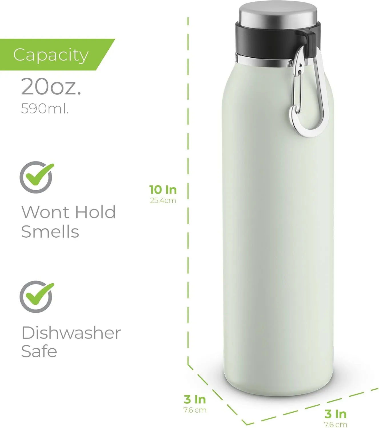 SipX™ Triple-Insulated Stainless Steel Water Bottle - 20oz. With Cover Lid, BPA-Free Reusable Insulated Water Bottle Keeps Cold For 24 Hours, (Green)