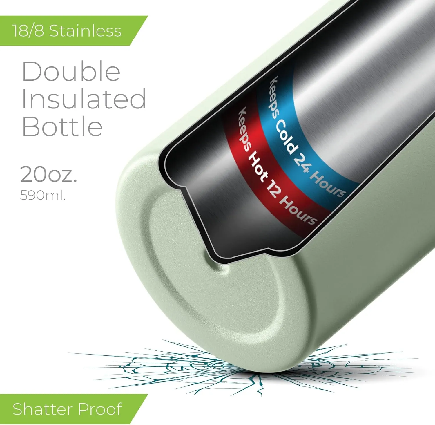 SipX™ Triple-Insulated Stainless Steel Water Bottle - 20oz. With Cover Lid, BPA-Free Reusable Insulated Water Bottle Keeps Cold For 24 Hours, (Green)