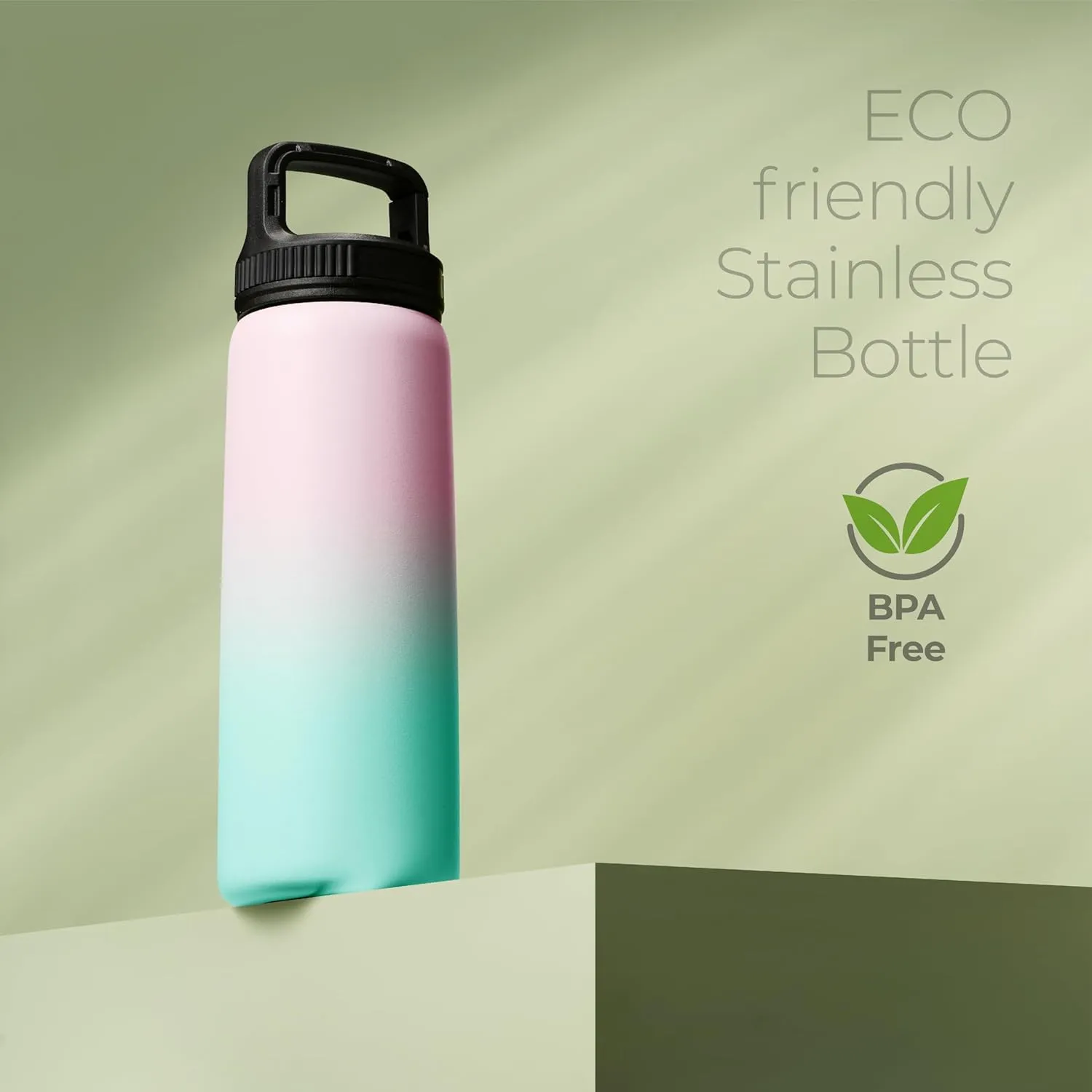 SipX™ Triple-Insulated Stainless Steel Water Bottle 25oz. With 3 Lids, BPA-Free Reusable Insulated Water Bottle Keeps Cold 24 Hours, (Gradiant Mint Pink)