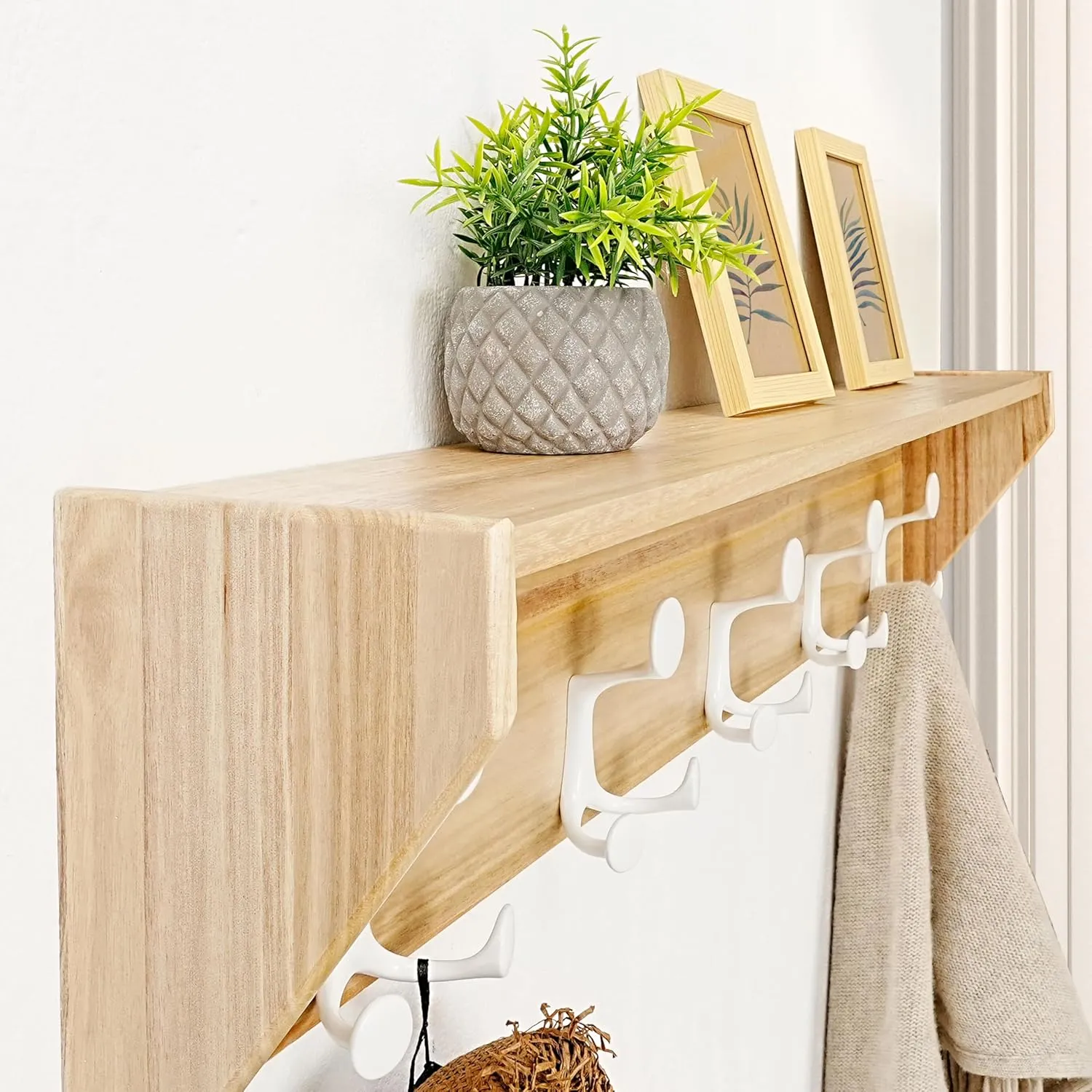 SKOLOO Wall Shelf with Hooks, 24-Inch Coat Rack Wall Mount with Shelf Organizer - Lightweight & Sturdy​​, 5 Tri Hooks - Perfect for Entryway, Hallway, Living Room, Bedroom, Mudroom, Natural & White