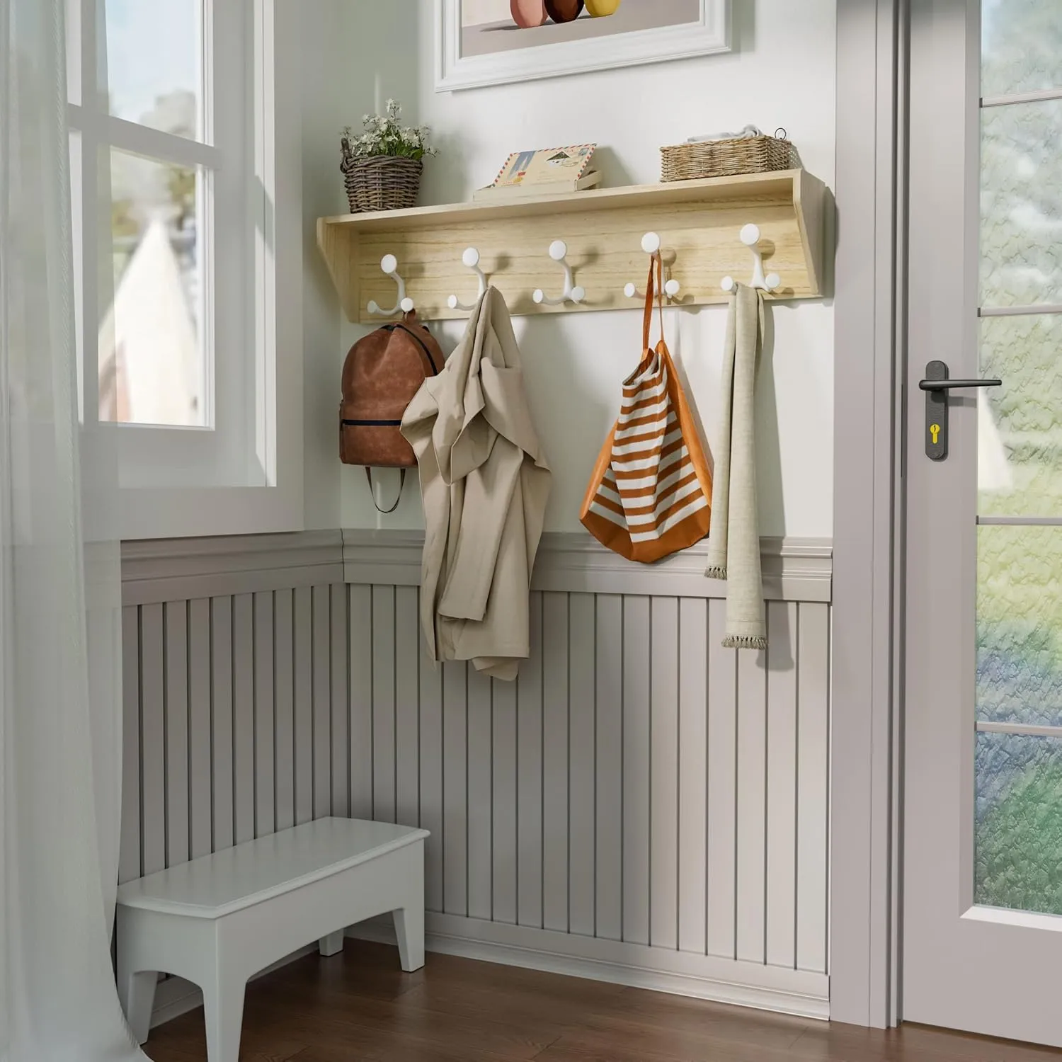 SKOLOO Wall Shelf with Hooks, 24-Inch Coat Rack Wall Mount with Shelf Organizer - Lightweight & Sturdy​​, 5 Tri Hooks - Perfect for Entryway, Hallway, Living Room, Bedroom, Mudroom, Natural & White