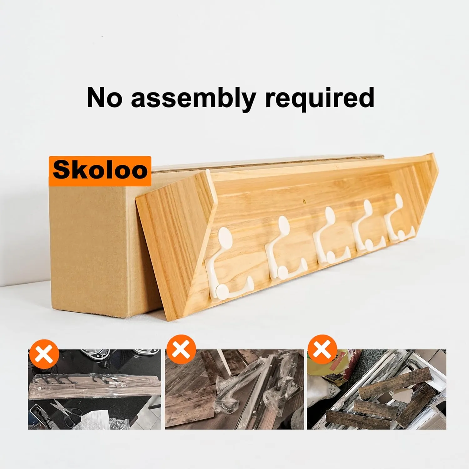 SKOLOO Wall Shelf with Hooks, 24-Inch Coat Rack Wall Mount with Shelf Organizer - Lightweight & Sturdy​​, 5 Tri Hooks - Perfect for Entryway, Hallway, Living Room, Bedroom, Mudroom, Natural & White