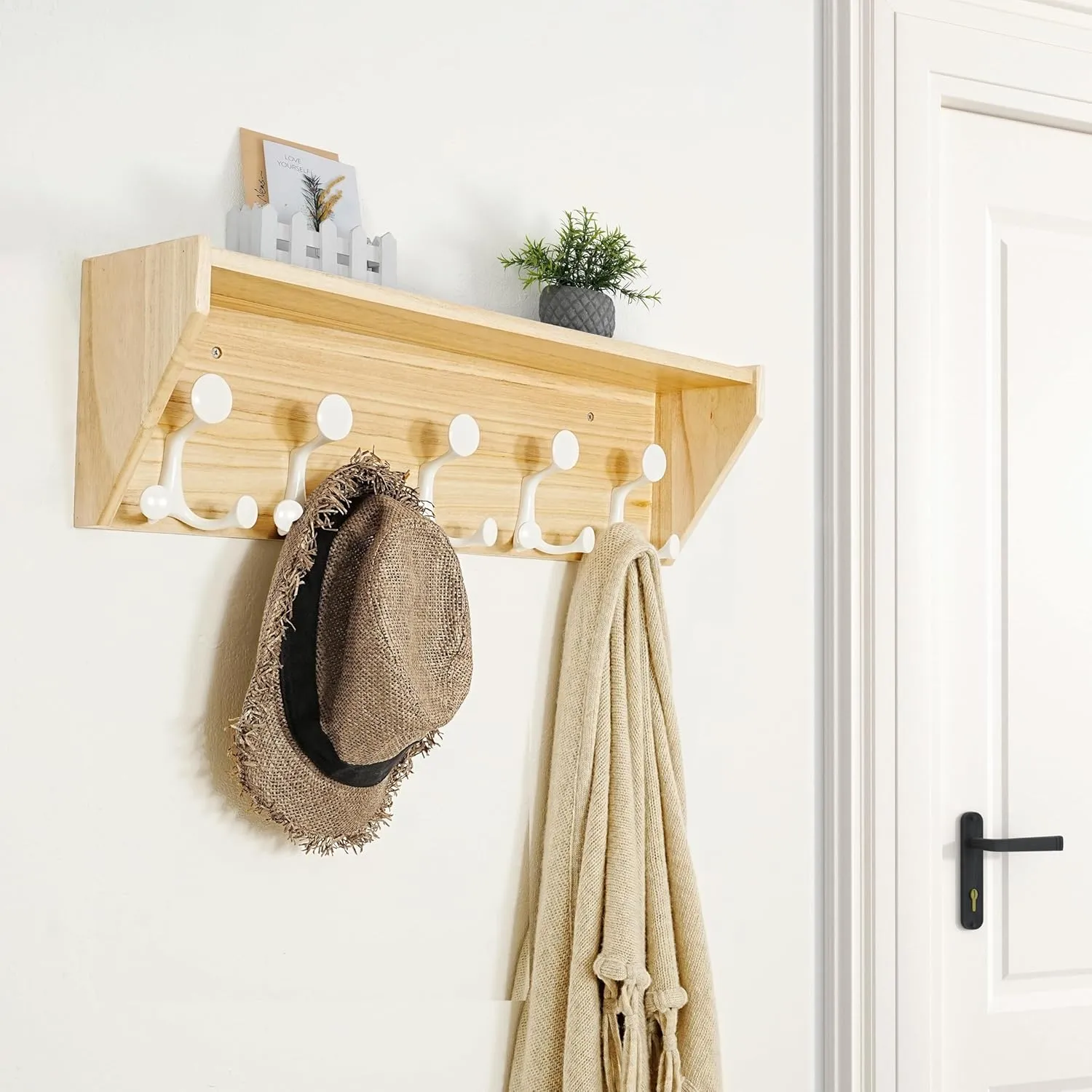 SKOLOO Wall Shelf with Hooks, 24-Inch Coat Rack Wall Mount with Shelf Organizer - Lightweight & Sturdy​​, 5 Tri Hooks - Perfect for Entryway, Hallway, Living Room, Bedroom, Mudroom, Natural & White