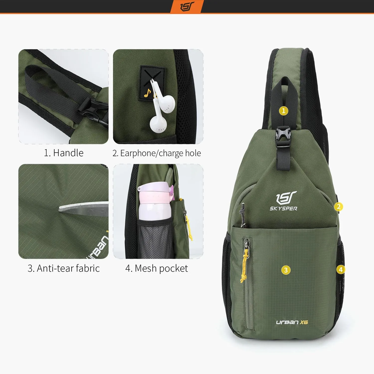 SKYSPER Sling Bag Crossbody Backpack - Chest Shoulder Cross Body Bag Travel Hiking Casual Daypack for Women Men(Army Green)