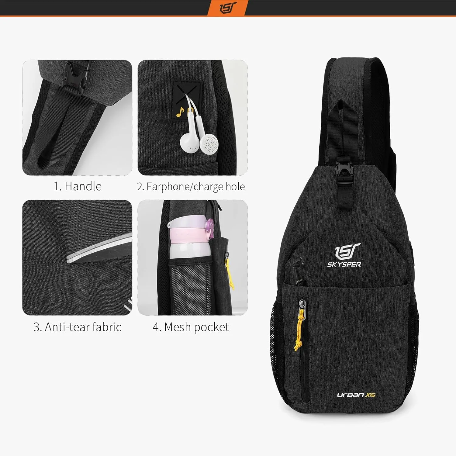 SKYSPER Sling Bag Crossbody Backpack - Chest Shoulder Cross Body Bag Travel Hiking Casual Daypack for Women Men(Jet Black)