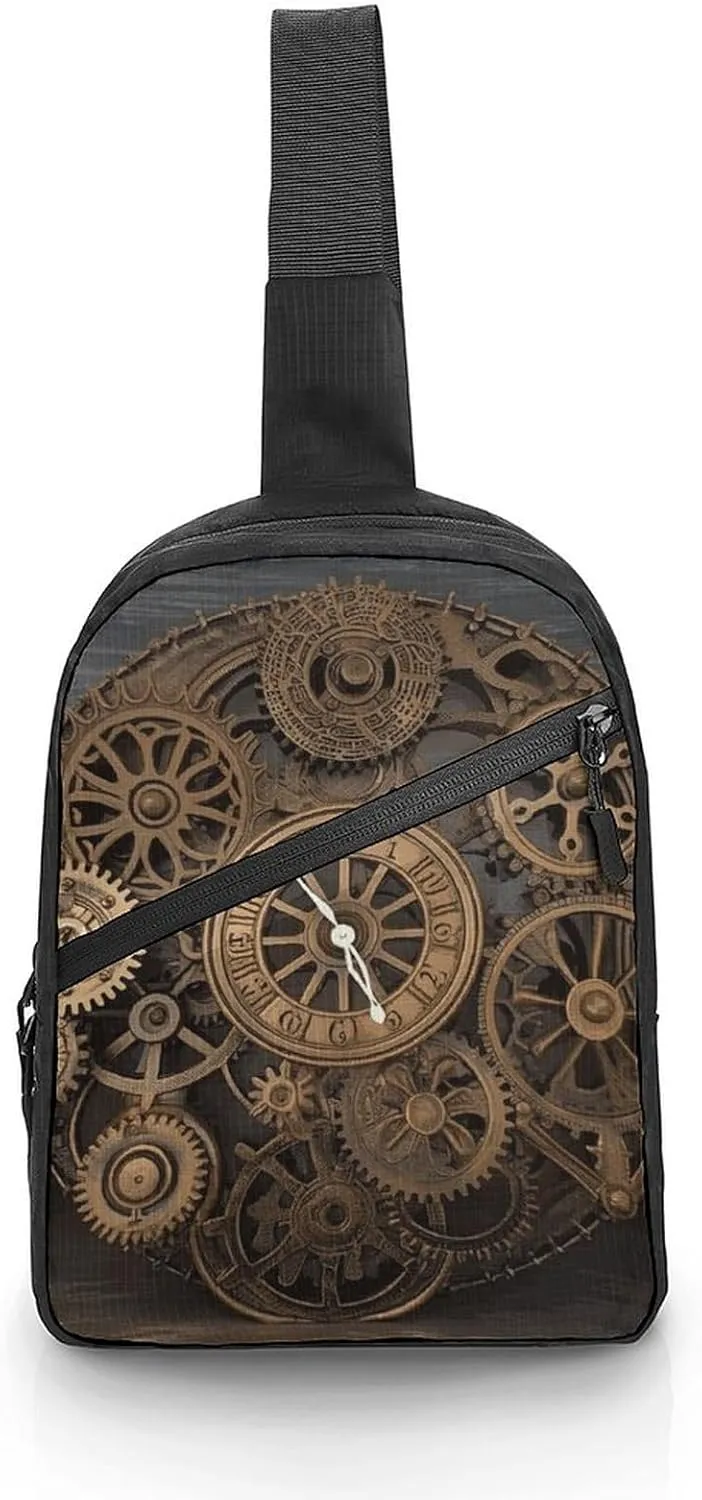 Sling Backpack for Women Men Crossbody Chest Bag Fanny Pack Steampunk Gears Clock Sling Bag for Hiking Travel
