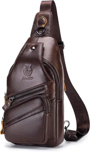 Sling Bag for Men Genuine Leather Small Man Bag Crossbody Mens Casual Chest Bag Daypack with USB Cable Hole