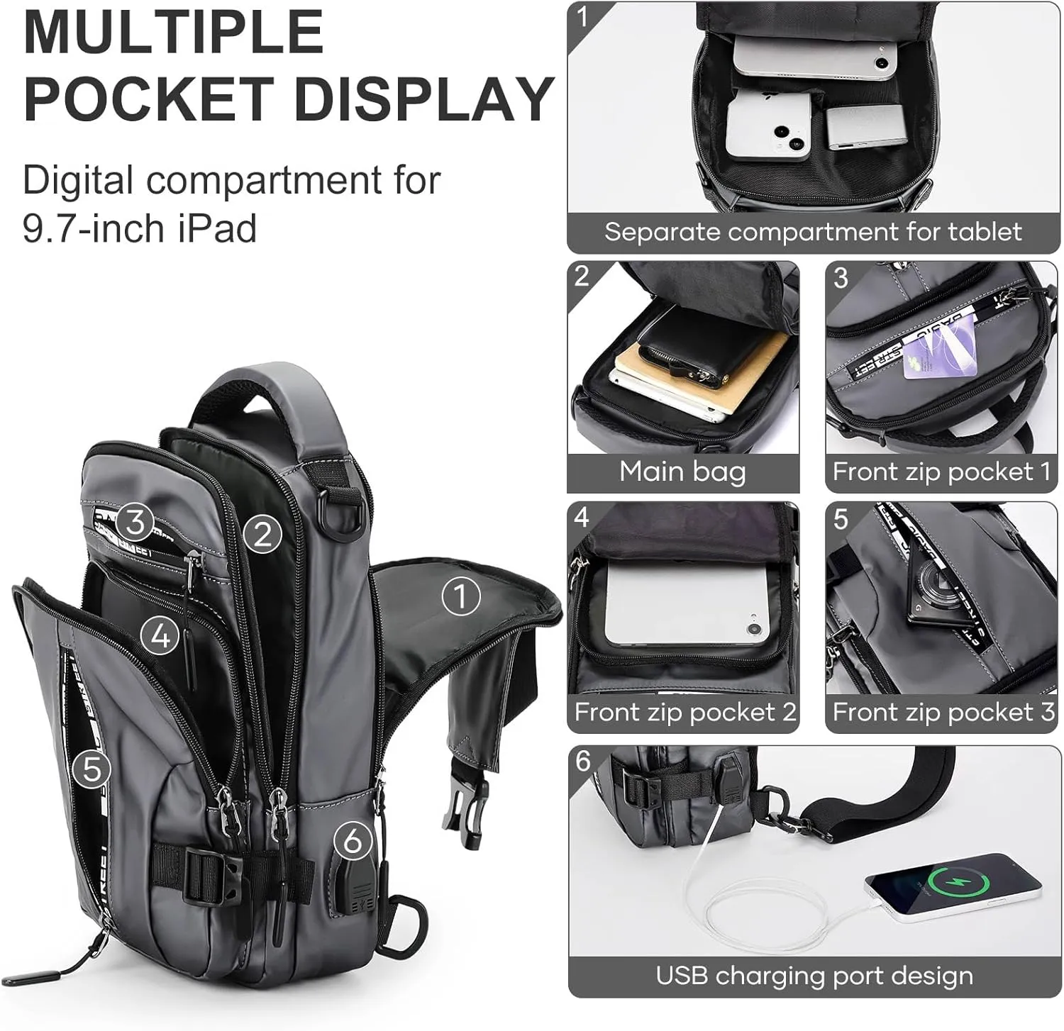 Sling Bag for Men Women, Mini Anti Theft One Strap Motorcycle Sling Backpack, Small Sling Chest Bag Daypack Crossbody Backpack for Casual Travel Hiking Gym Outdoor Sports Grey