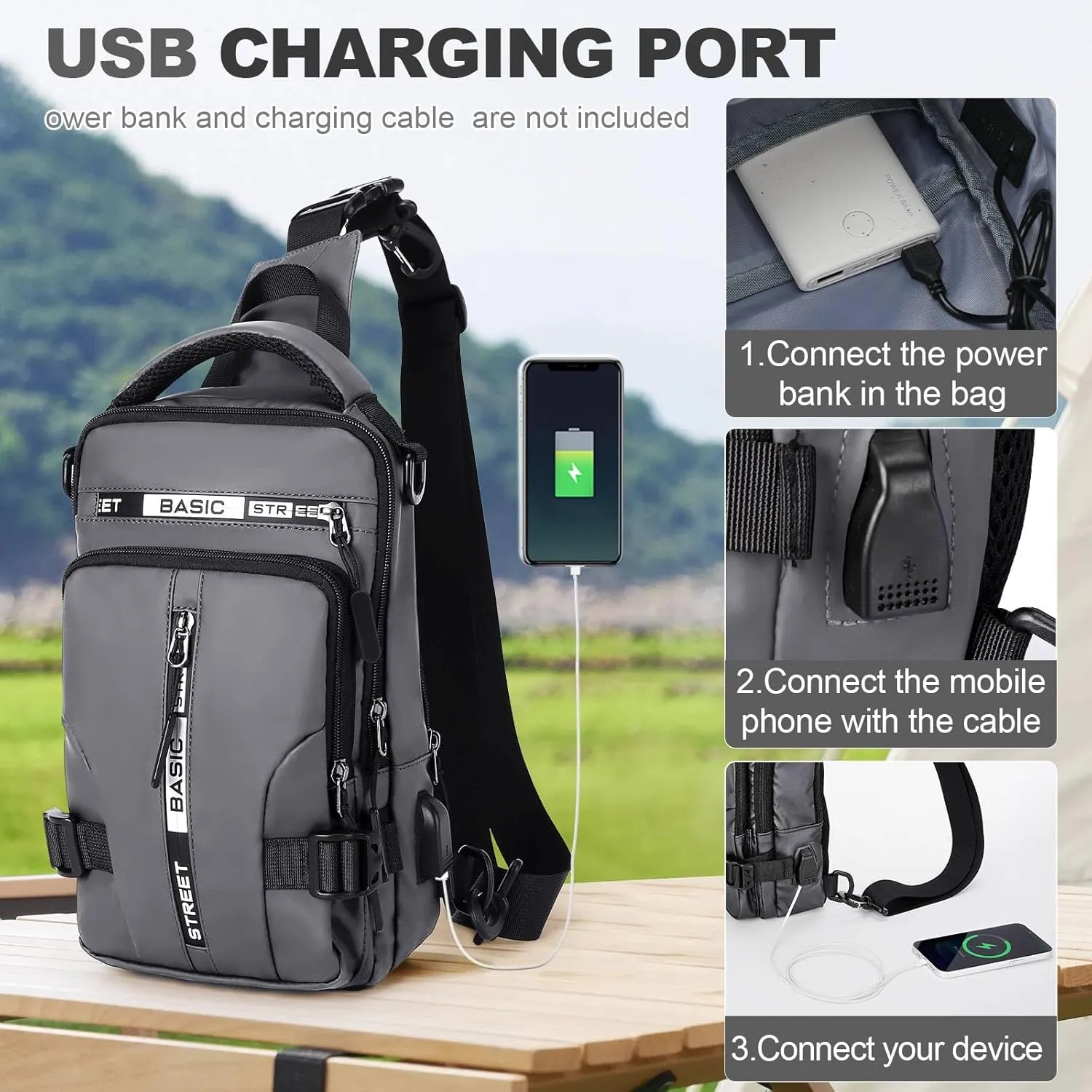 Sling Bag for Men Women, Mini Anti Theft One Strap Motorcycle Sling Backpack, Small Sling Chest Bag Daypack Crossbody Backpack for Casual Travel Hiking Gym Outdoor Sports Grey