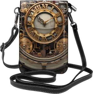 Small Cell Phone Purse - Stylish Quality And Soft Leather Messenger Horizontal Purse Crossbody Flap Phone Case For Women Steampunk Clock Printed