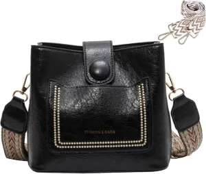 Small Crossbody Bag for Women Trendy Vegan Leather Shoulder Bucket Bag Hobo Handbags with 2 Adjustable Guitar Straps