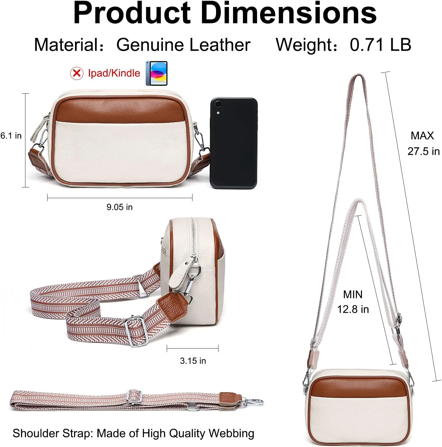 Small Crossbody Bags for Women Genuine Leather, Guitar Strap Shoulder Handbag Purse Camera Bag with Rfid Card Slots