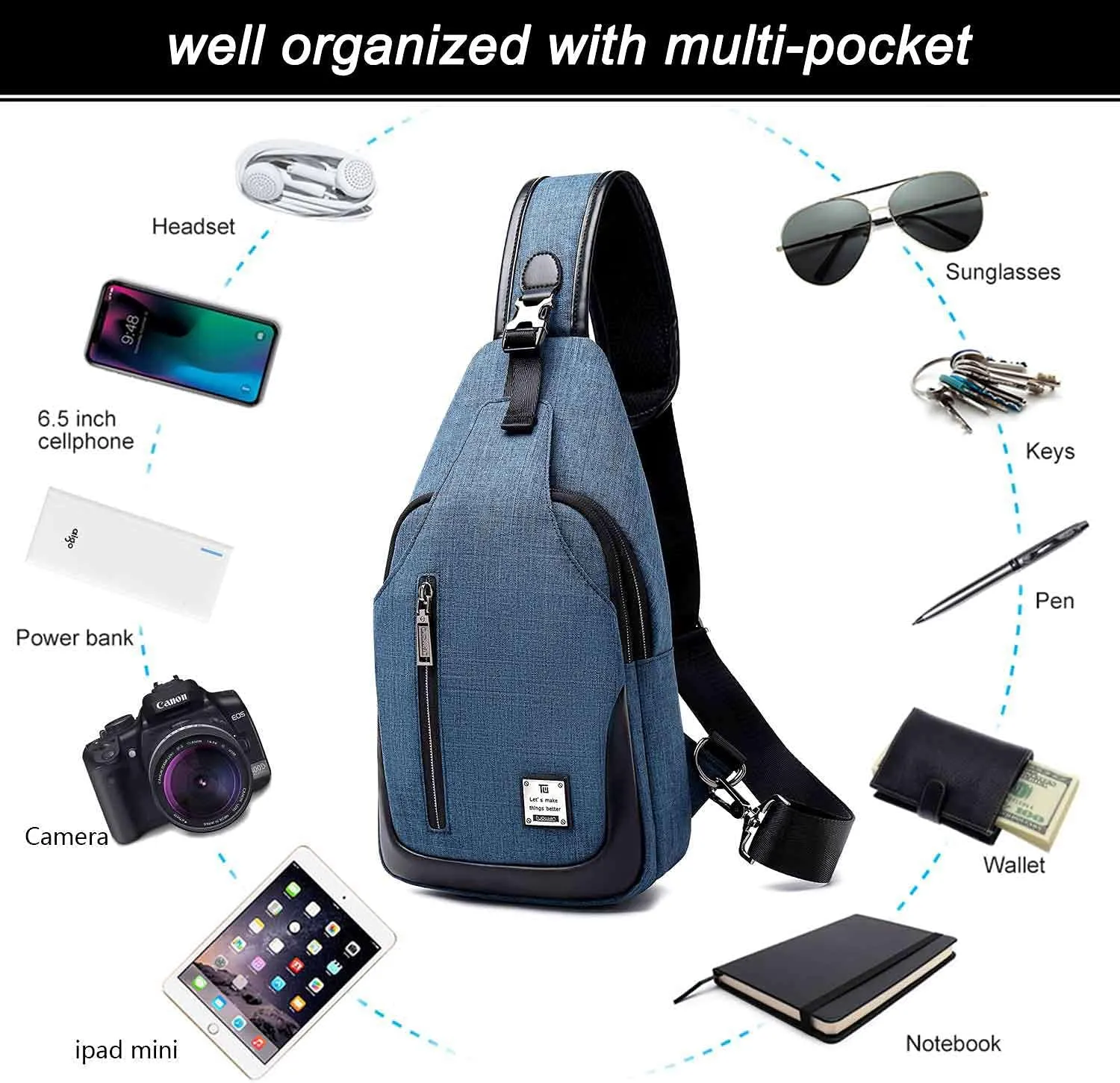 Small Sling Bag Crossbody Backpack Over the Shoulder Bag for Men Women Travel Outdoors, Lightweight Chest Pack (Small, Blue)