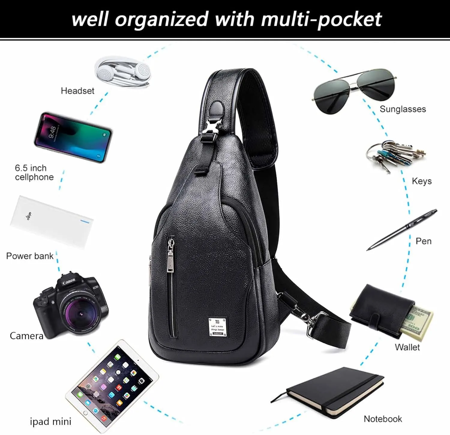Small Sling Bag Crossbody Backpack Over the Shoulder Bag for Men Women Travel Outdoors, Lightweight Sling Chest Pack (Large, Pu leather)