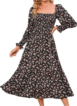 SMIDOW Bohemian Dress for Women Summer 2023 Long Sleeve Square Neck Maxi Dress Smocked Ruffle Flowy Chiffon Beach Sundress