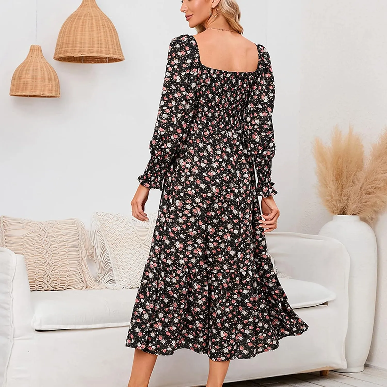SMIDOW Bohemian Dress for Women Summer 2023 Long Sleeve Square Neck Maxi Dress Smocked Ruffle Flowy Chiffon Beach Sundress