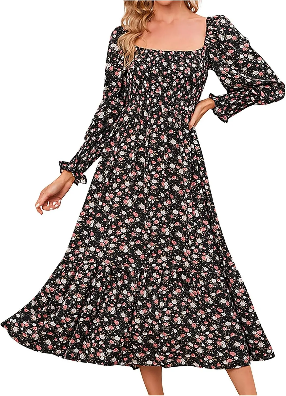 SMIDOW Bohemian Dress for Women Summer 2023 Long Sleeve Square Neck Maxi Dress Smocked Ruffle Flowy Chiffon Beach Sundress