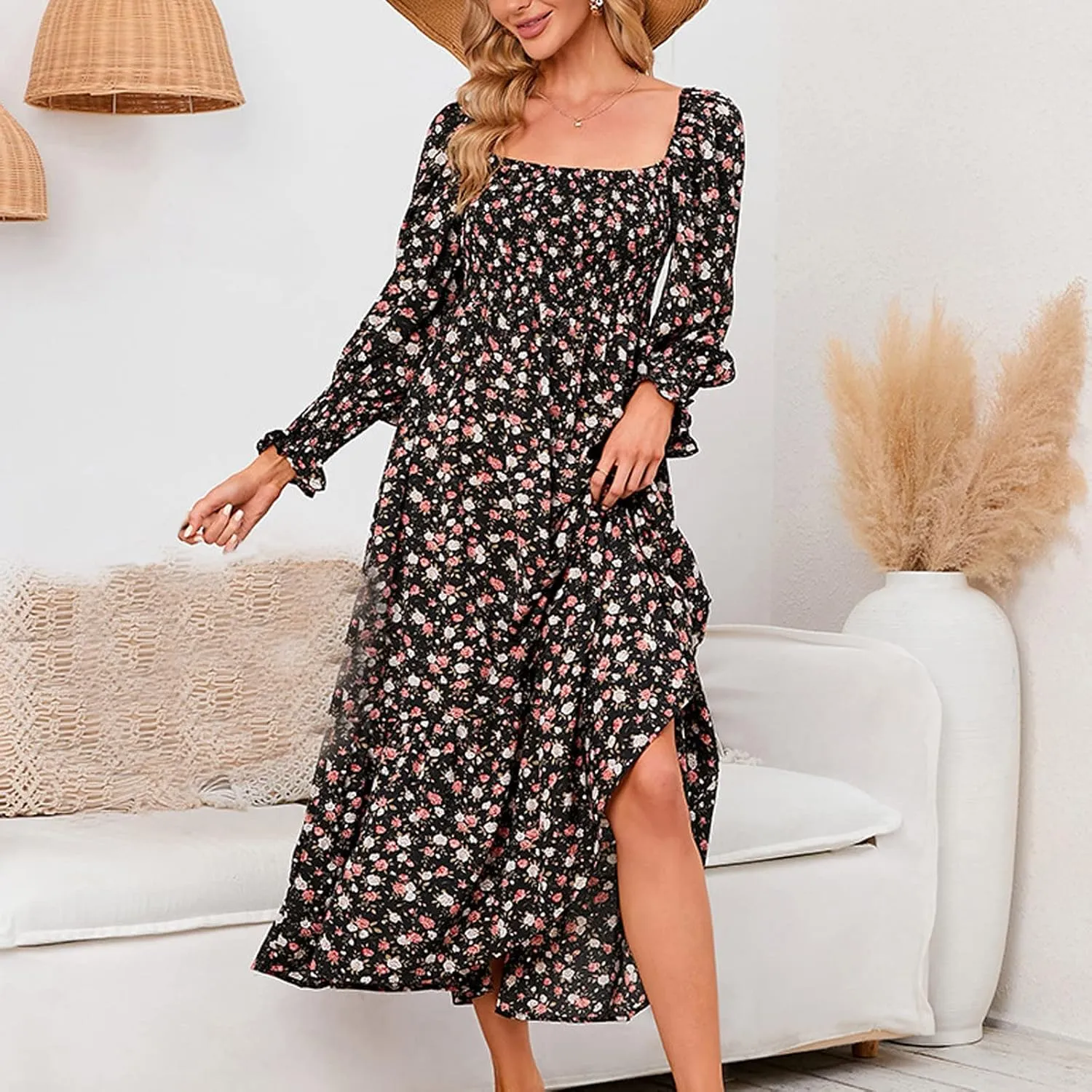 SMIDOW Bohemian Dress for Women Summer 2023 Long Sleeve Square Neck Maxi Dress Smocked Ruffle Flowy Chiffon Beach Sundress