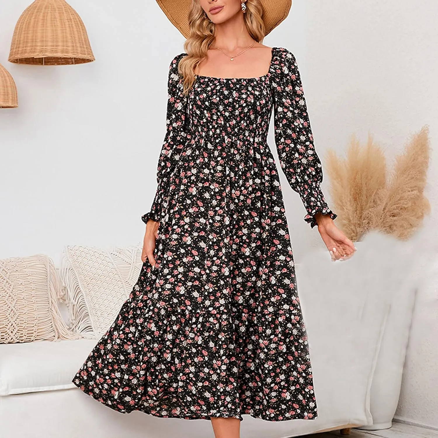 SMIDOW Bohemian Dress for Women Summer 2023 Long Sleeve Square Neck Maxi Dress Smocked Ruffle Flowy Chiffon Beach Sundress