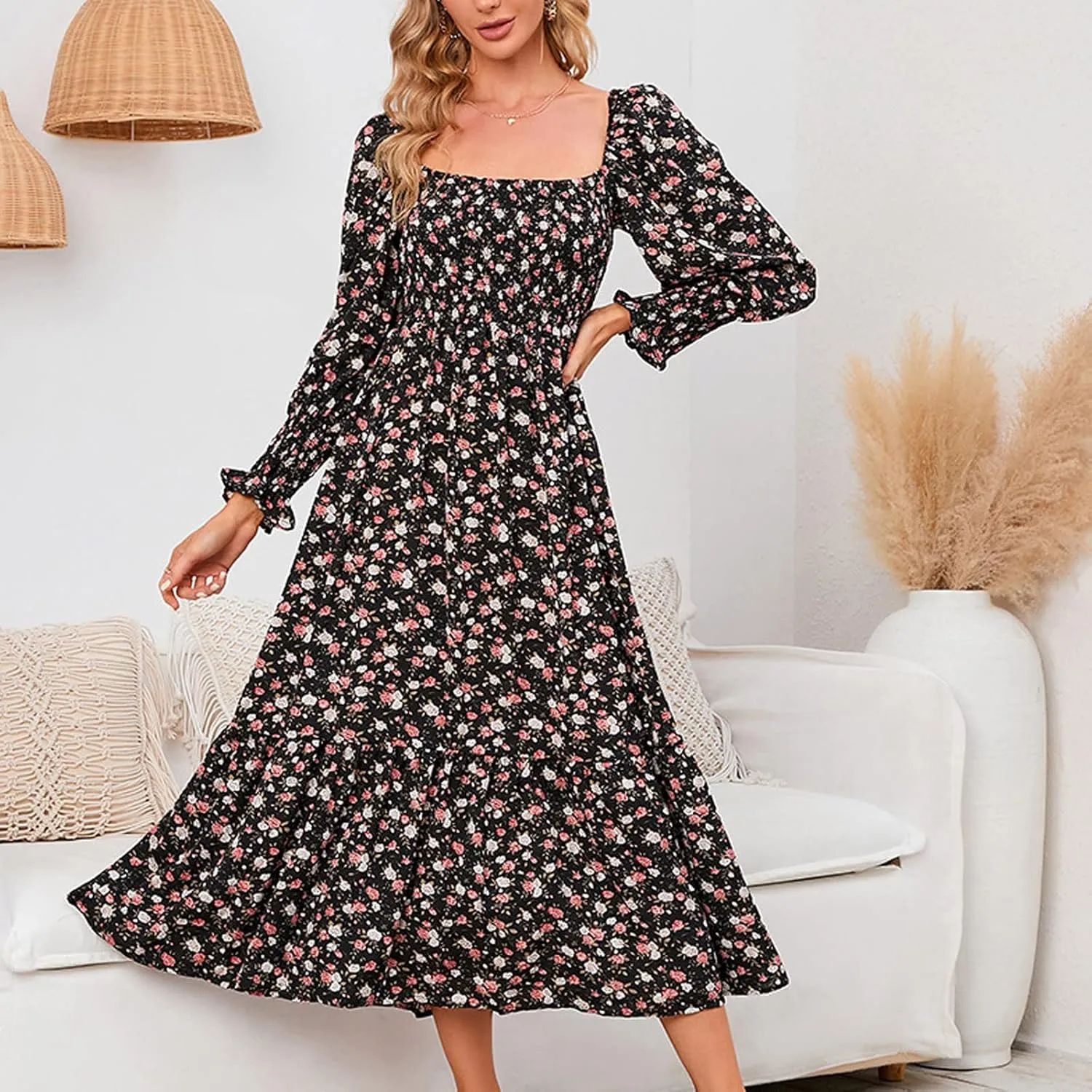 SMIDOW Bohemian Dress for Women Summer 2023 Long Sleeve Square Neck Maxi Dress Smocked Ruffle Flowy Chiffon Beach Sundress