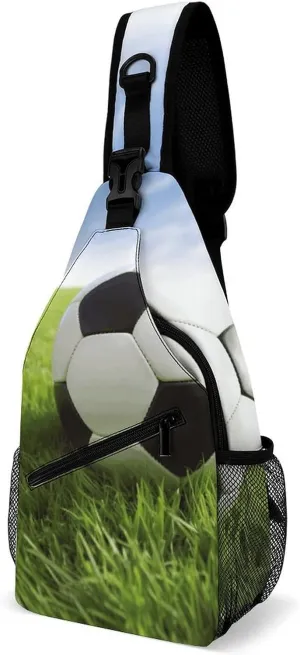 Soccer Ball On Grassy Crossbody Sling Bag for Women Men Sling Backpack Travel Chest Bag Pack Man Purse Shoulder Bags Daypack for Travel Hiking Cycling