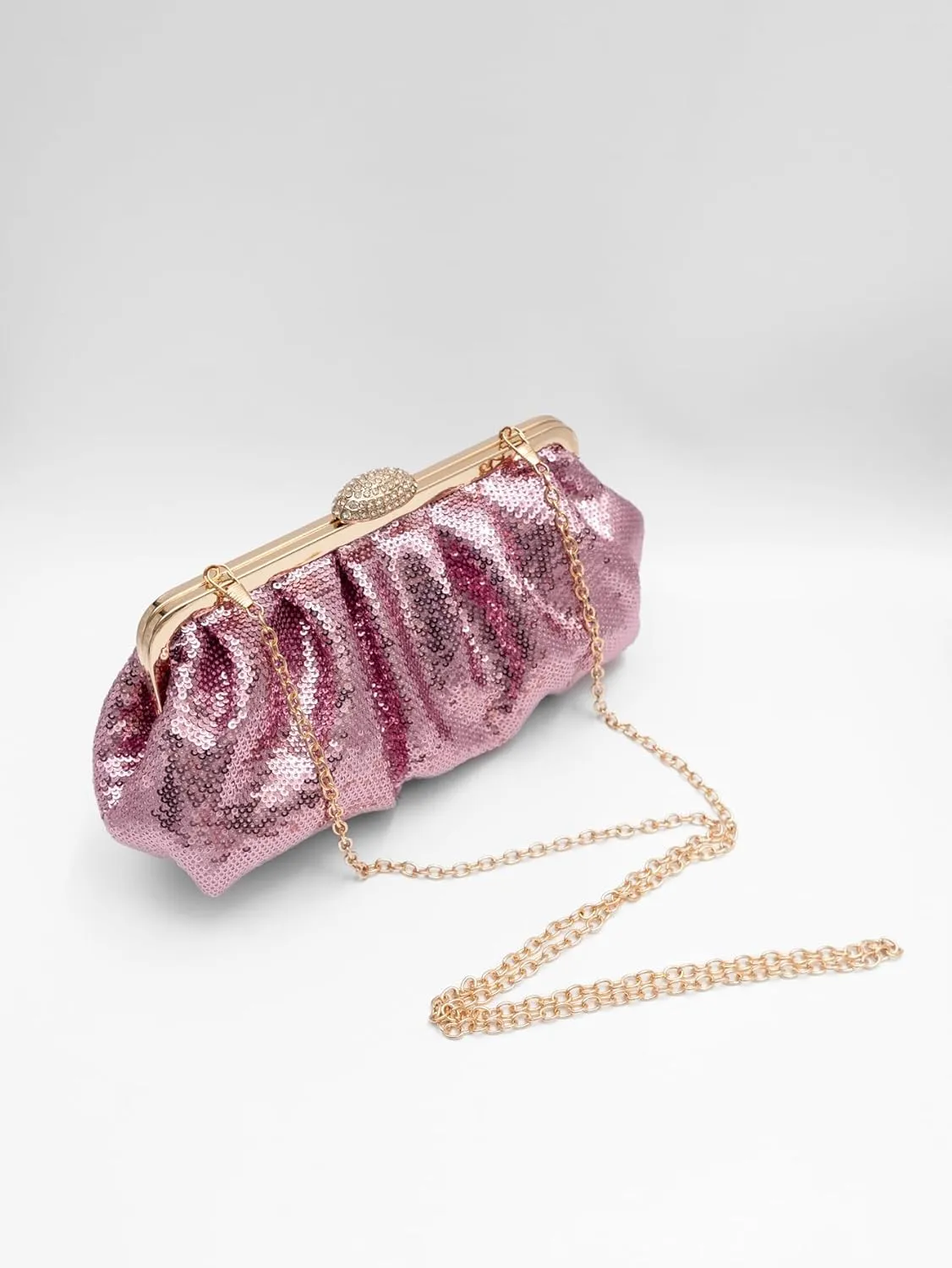 Solid Color Fish Scale Sequins Pleated Clutch Bag Hardware With Rhinestones Shiny Crossbody Purse for Women