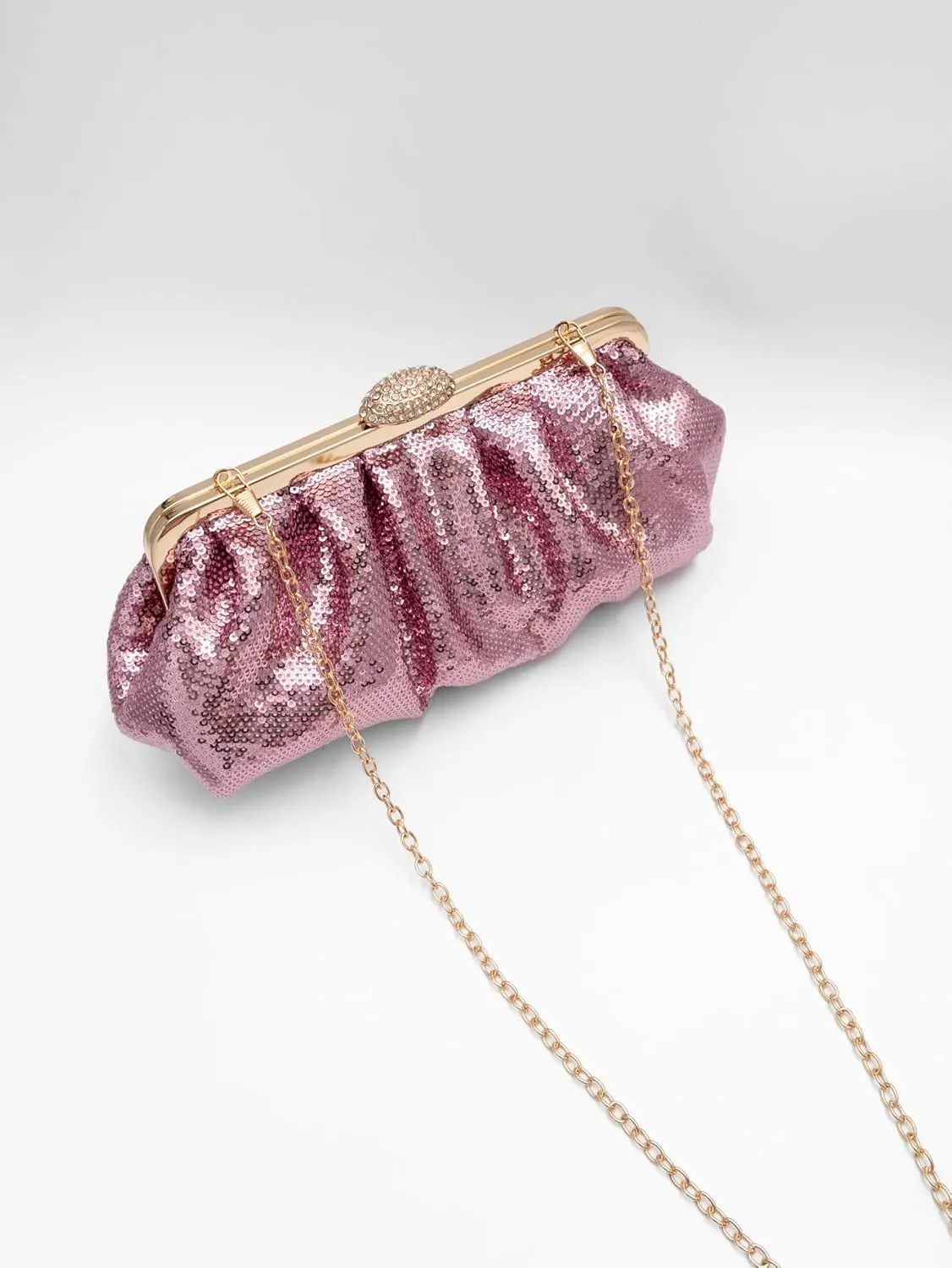 Solid Color Fish Scale Sequins Pleated Clutch Bag Hardware With Rhinestones Shiny Crossbody Purse for Women