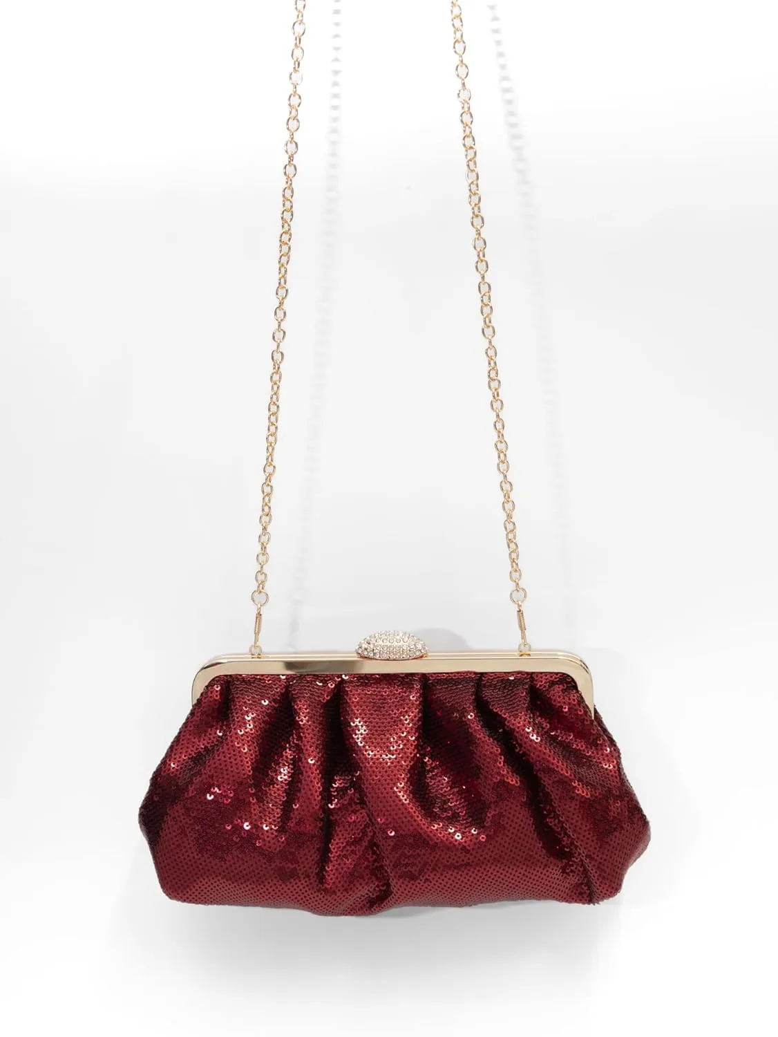Solid Color Fish Scale Sequins Pleated Clutch Bag Hardware With Rhinestones Shiny Crossbody Purse for Women