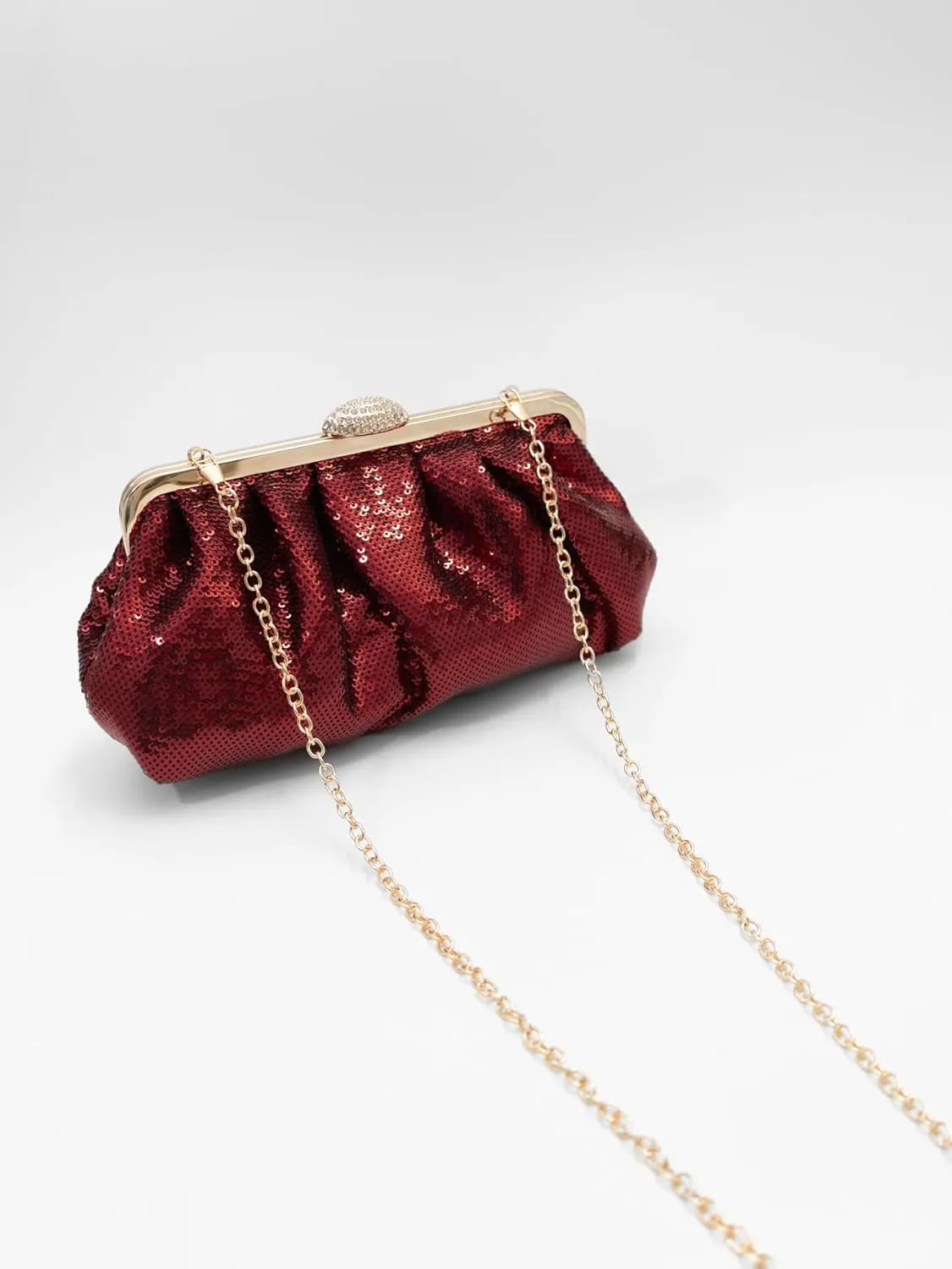 Solid Color Fish Scale Sequins Pleated Clutch Bag Hardware With Rhinestones Shiny Crossbody Purse for Women