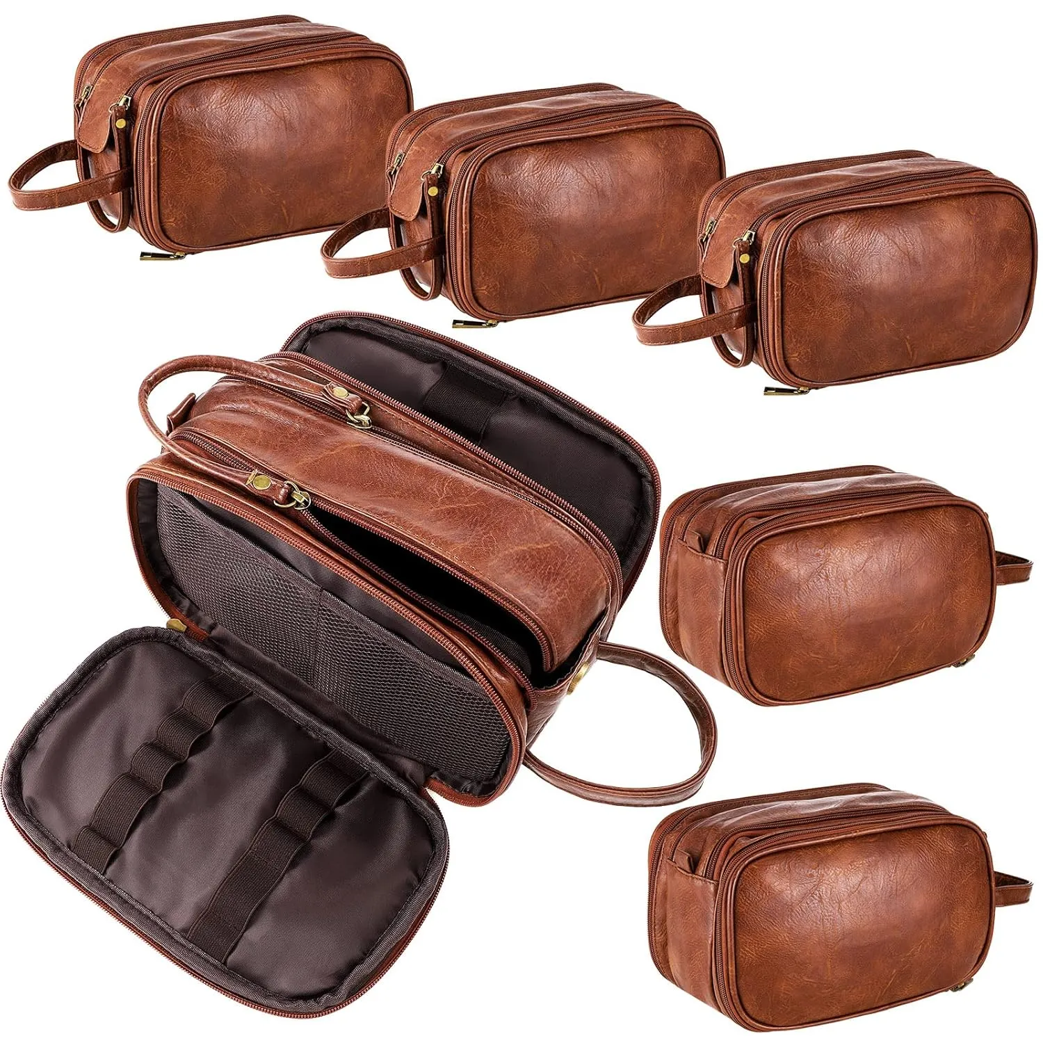 Sotiff 6 Sets Groomsmen Gifts Men Toiletry Bag Wedding Groomsmen Proposal Gifts Large Travel Shaving Kit Bag Zippered PU Leather Cosmetic Pouches for Wedding Travel Accessories(Brown)