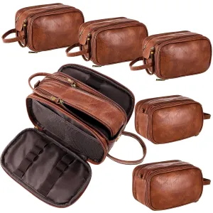 Sotiff 6 Sets Groomsmen Gifts Men Toiletry Bag Wedding Groomsmen Proposal Gifts Large Travel Shaving Kit Bag Zippered PU Leather Cosmetic Pouches for Wedding Travel Accessories(Brown)