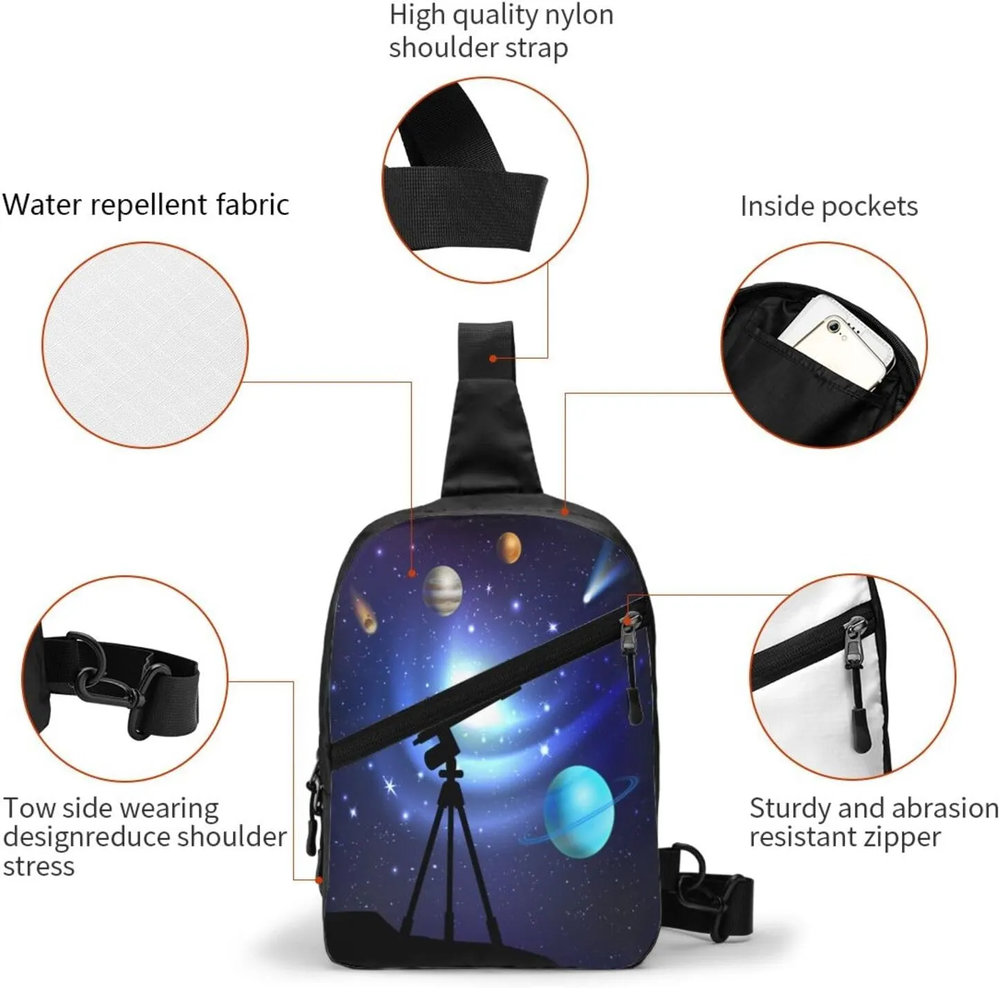 Space Telescope Sling Bag for Men Women, Small Crossbody Sling Backpack Shoulder Chest Bag, Anti Theft Travel Hiking Sports
