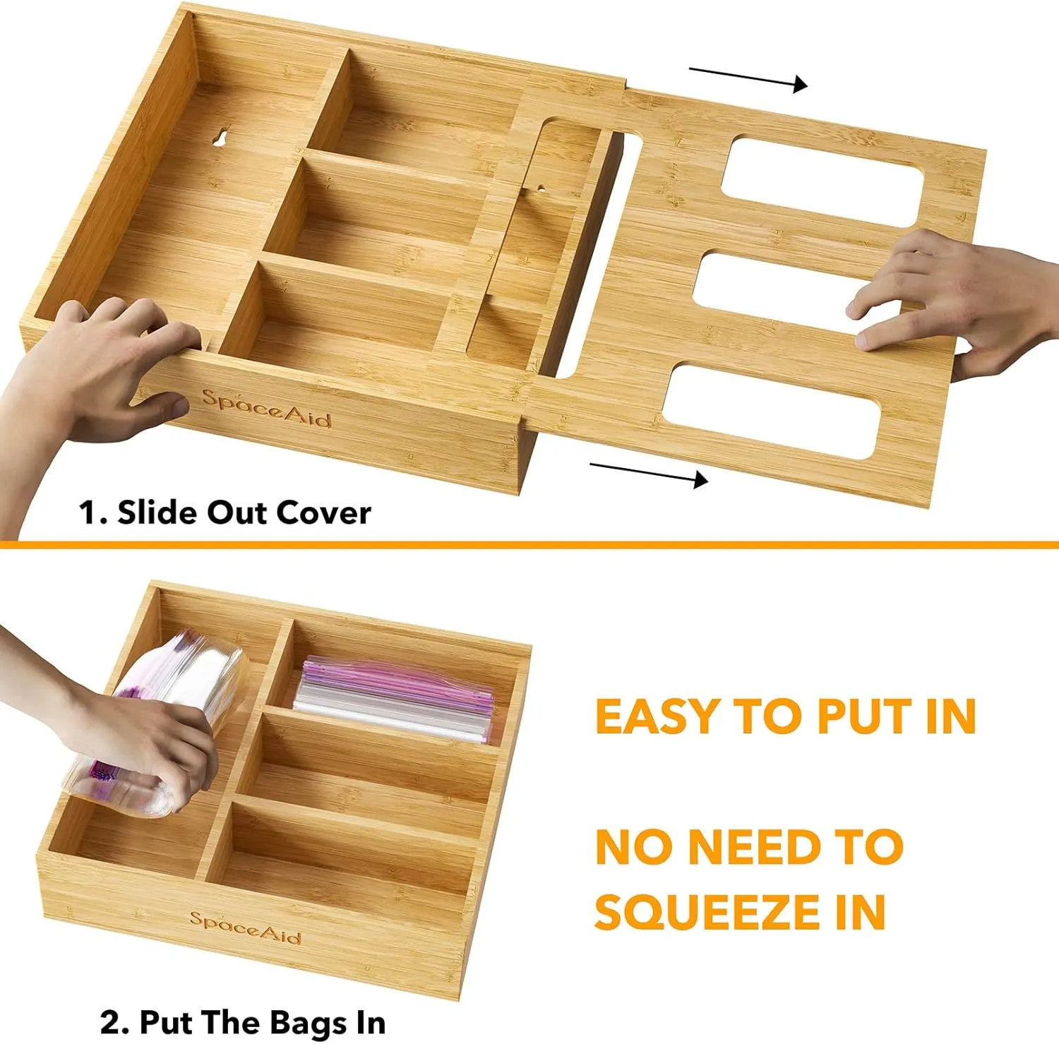 SpaceAid Bag Storage Organizer for Kitchen Drawer, Bamboo Organizer, Compatible with Gallon, Quart, Sandwich and Snack Variety Size Bag (1 Box 4 Slots, Natural, 2" High)