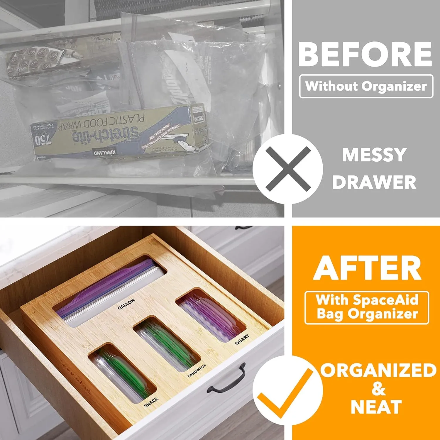 SpaceAid Bag Storage Organizer for Kitchen Drawer, Bamboo Organizer, Compatible with Gallon, Quart, Sandwich and Snack Variety Size Bag (1 Box 4 Slots, Natural, 2" High)