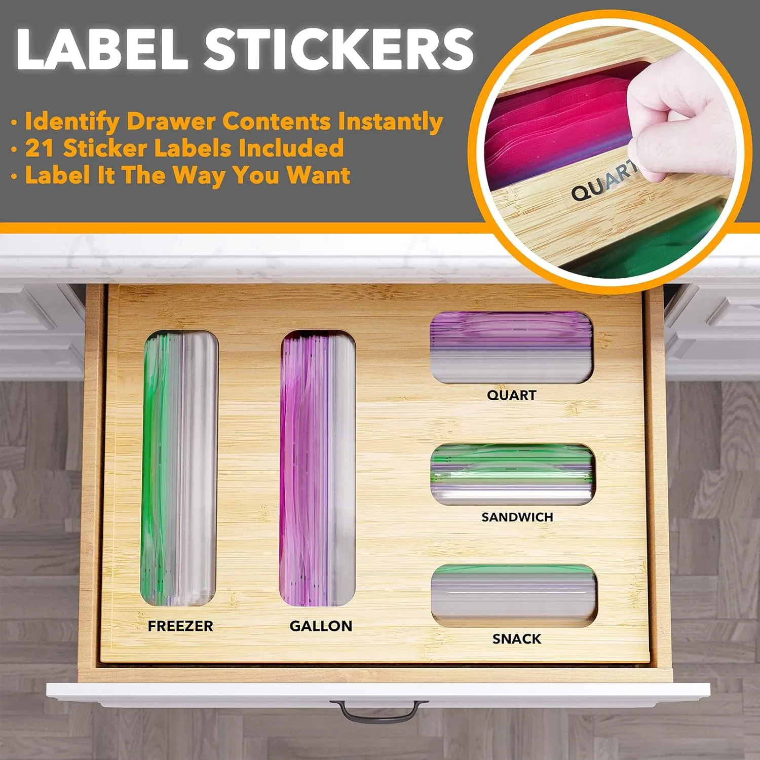 SpaceAid Bag Storage Organizer for Kitchen Drawer, Bamboo Organizer, Compatible with Gallon, Quart, Sandwich and Snack Variety Size Bag (1 Box 5 Slots)