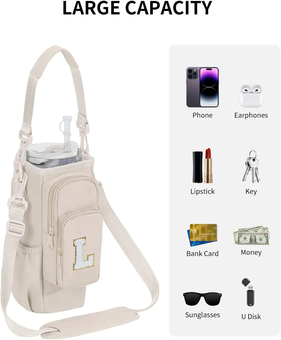 sportsnew Gifts for Mom Water Bottle Carrier Bag for Stanley Brumate era 40 oz Tumbler with Phone Pocket Personalized Initial Water Bottle Holder with Strap & Straw Toppers Stanley Cup Accessories