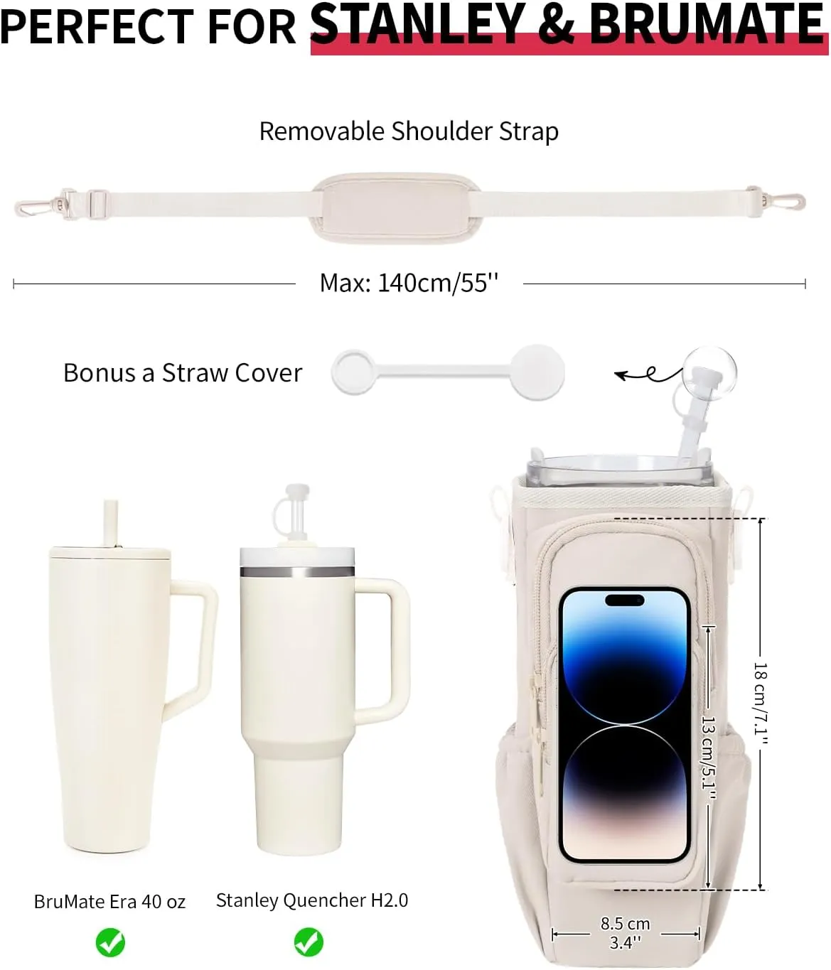 sportsnew Gifts for Mom Water Bottle Carrier Bag for Stanley Brumate era 40 oz Tumbler with Phone Pocket Personalized Initial Water Bottle Holder with Strap & Straw Toppers Stanley Cup Accessories