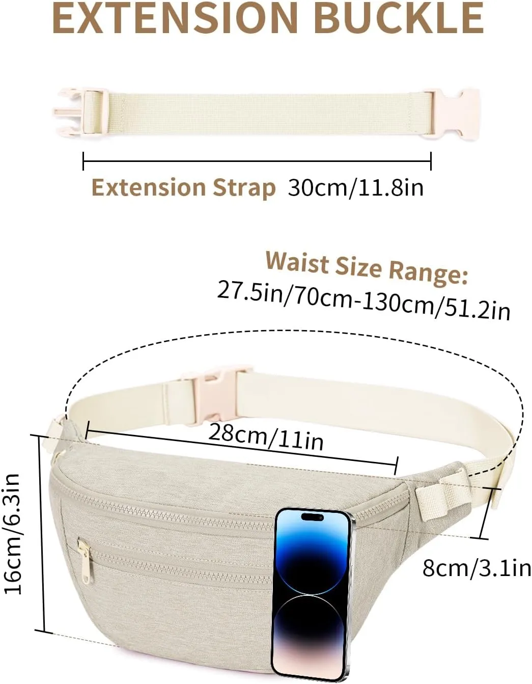 sportsnew Large Fanny Packs for Women, Waist Pack Fashion Crossbody Belt Bags for Walking Running Hiking Travel Bag Beige patent pending